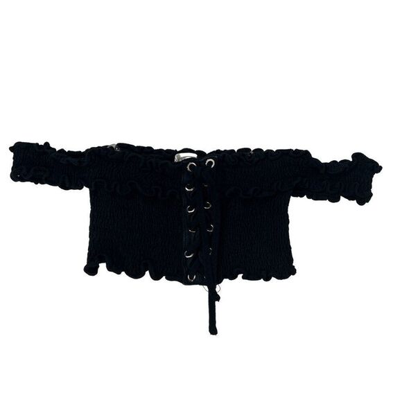 Vintage Y2K Black Grunge Baddie Smocked Off The Shoulder Lace Up Crop Top / M - Picture 4 of 8